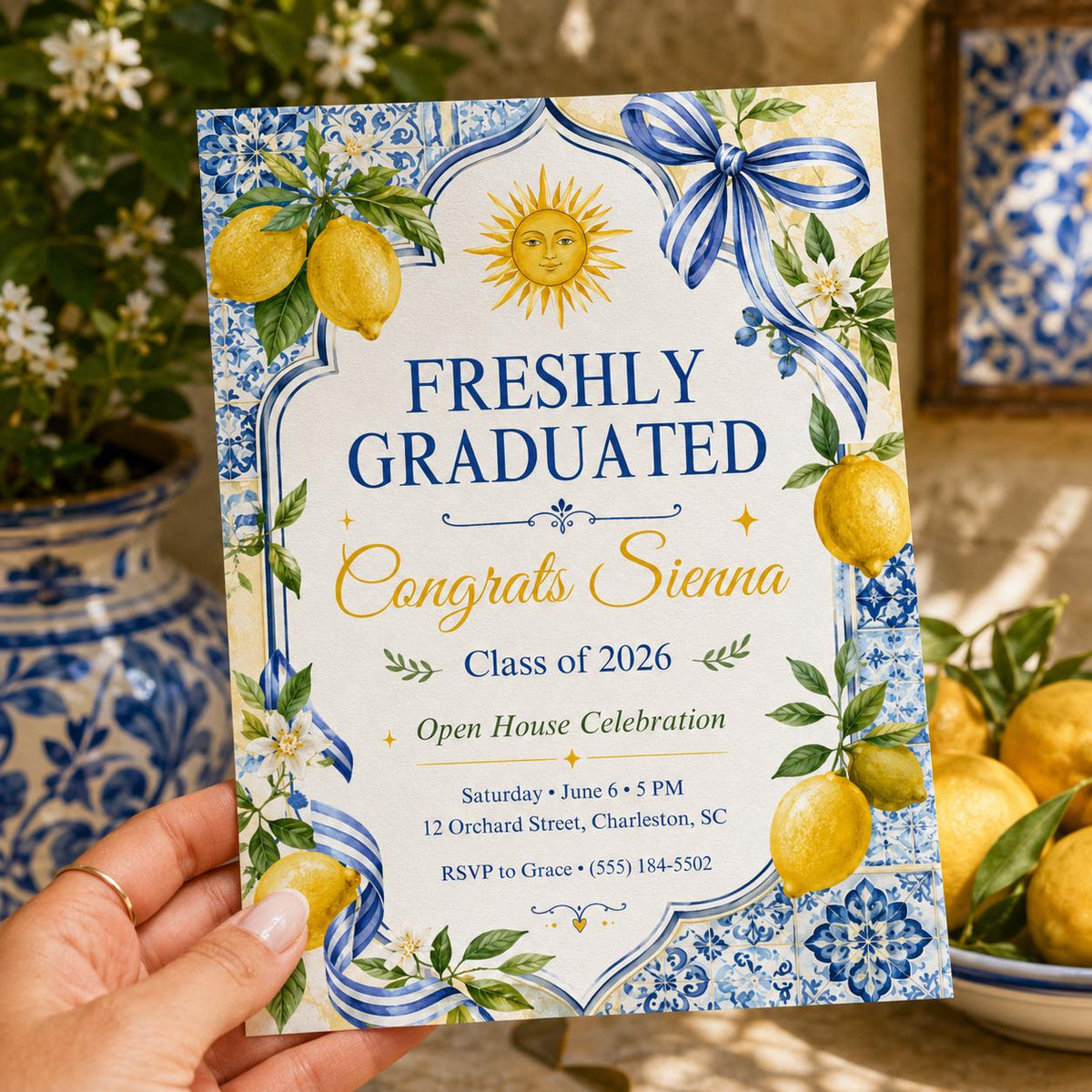 Lemon Tile Freshly Graduated Invitation — invitation you personalize in Canva
