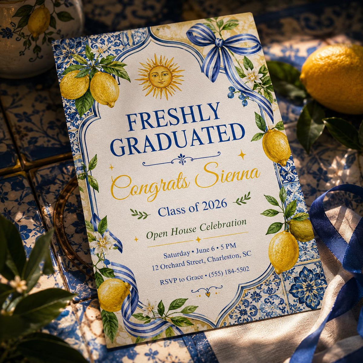 Lemon Tile Freshly Graduated Invitation — bow artwork in blue and white