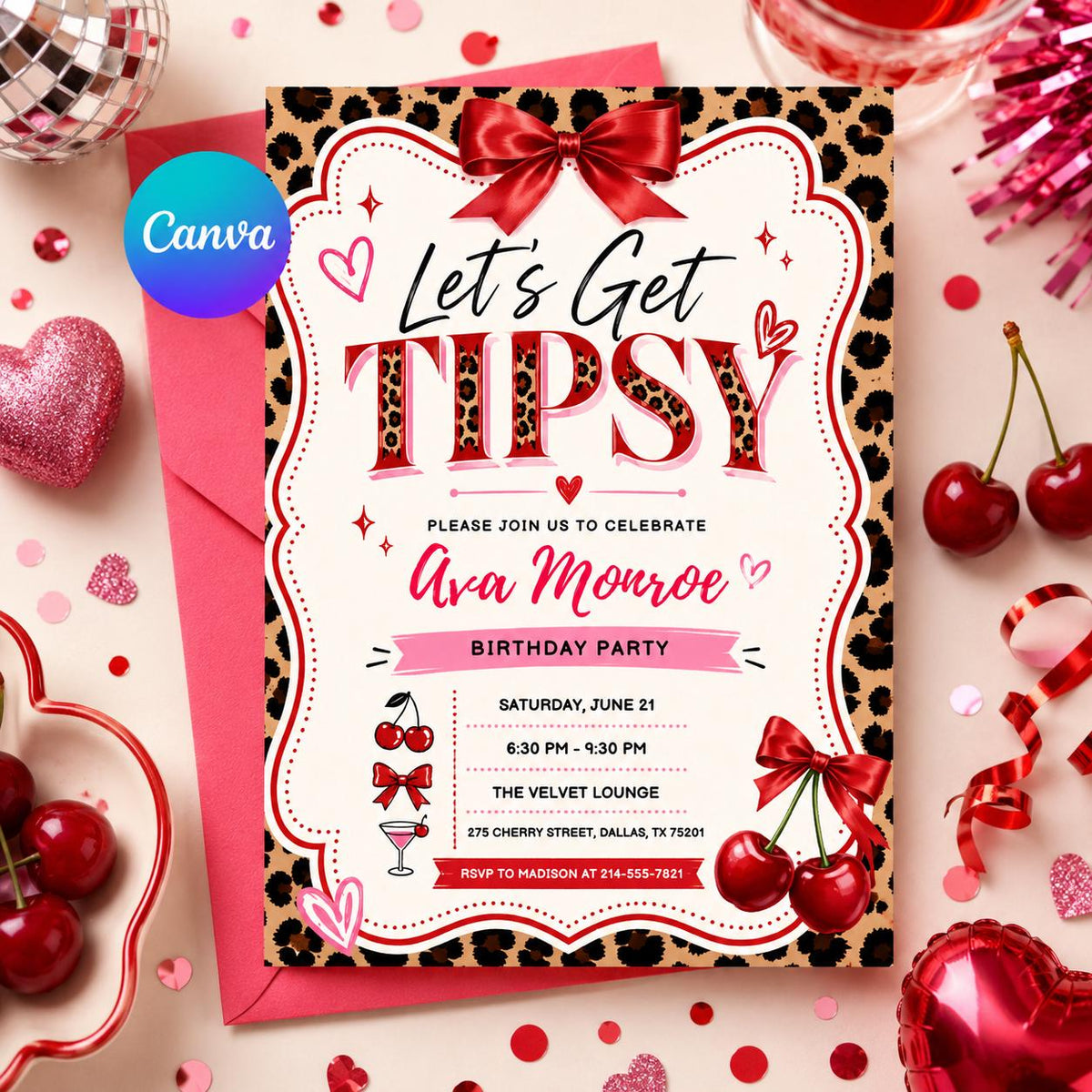 Leopard Cherry Let's Get Tipsy Birthday Invitation with Red Bow — editable Canva template