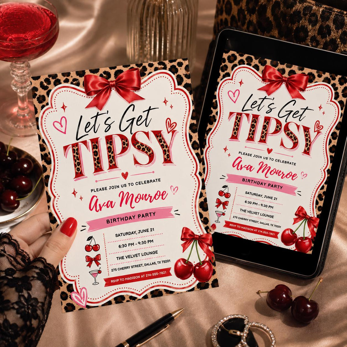 Leopard Cherry Let's Get Tipsy Birthday Invitation with Red Bow — invitation you personalize in Canva