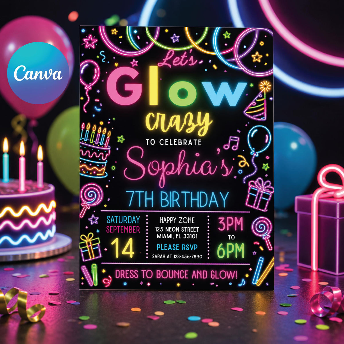 Let's Glow Crazy 7th Birthday Invitation — editable Canva template