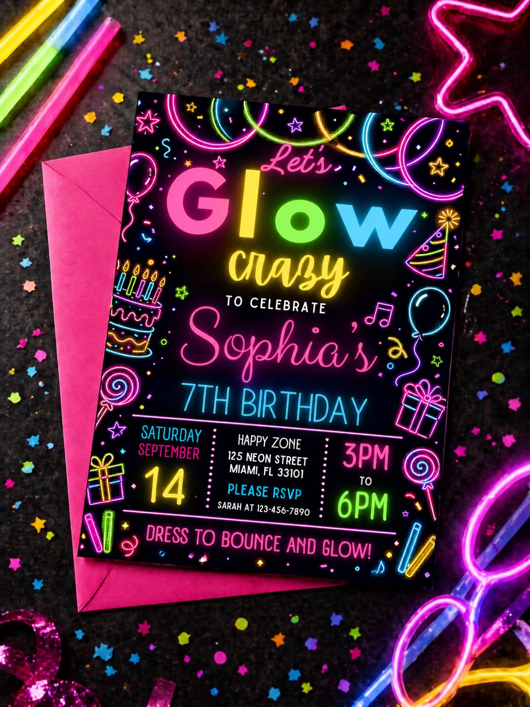 Let's Glow Crazy 7th Birthday Invitation — balloon and cake design