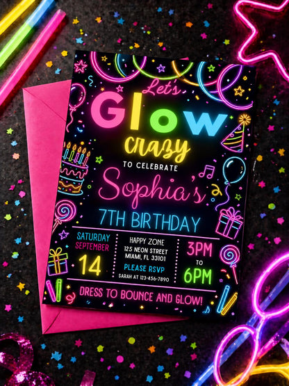 Let's Glow Crazy 7th Birthday Invitation — balloon and cake design