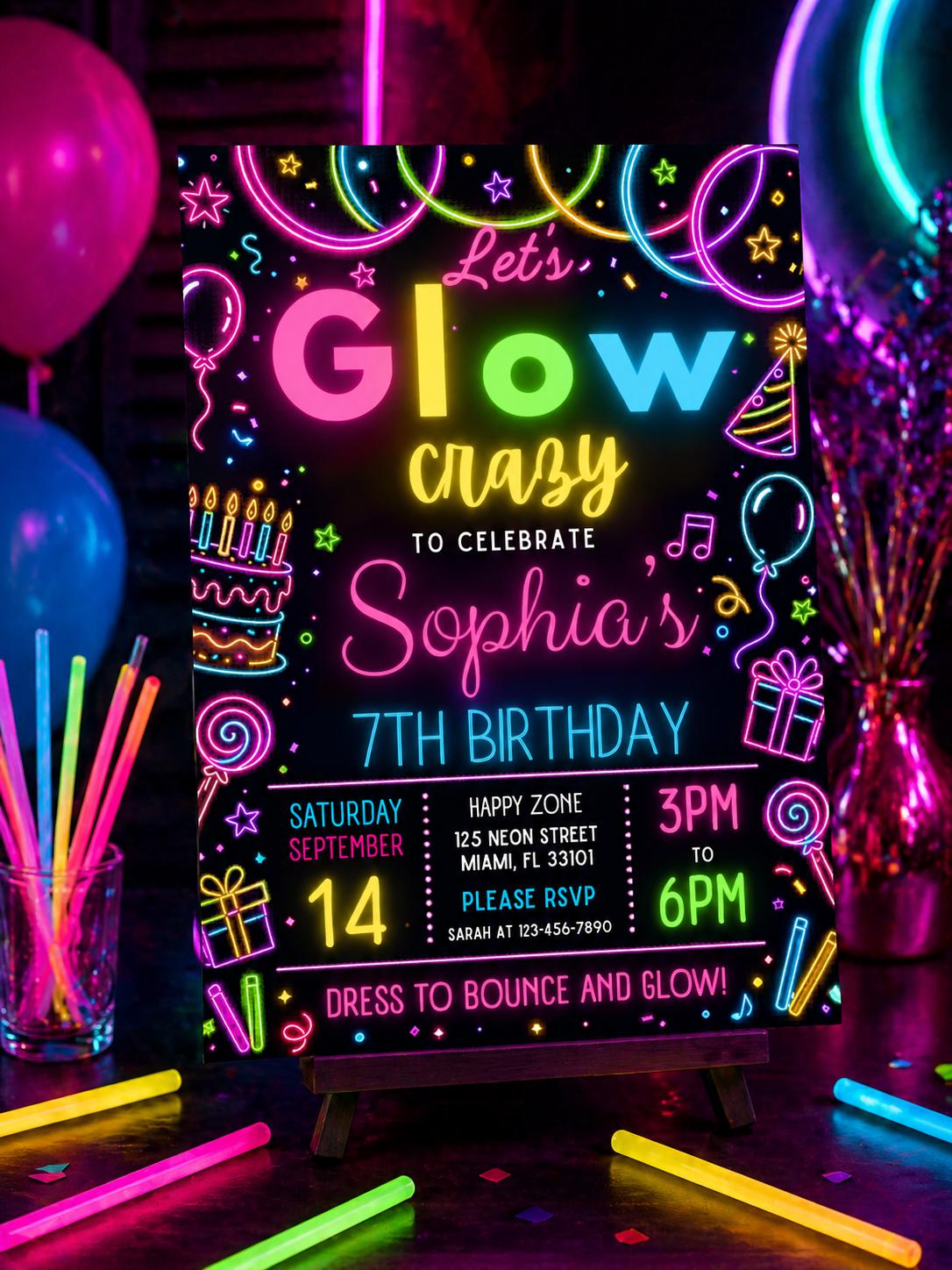 Let's Glow Crazy 7th Birthday Invitation — invitation you personalize in Canva