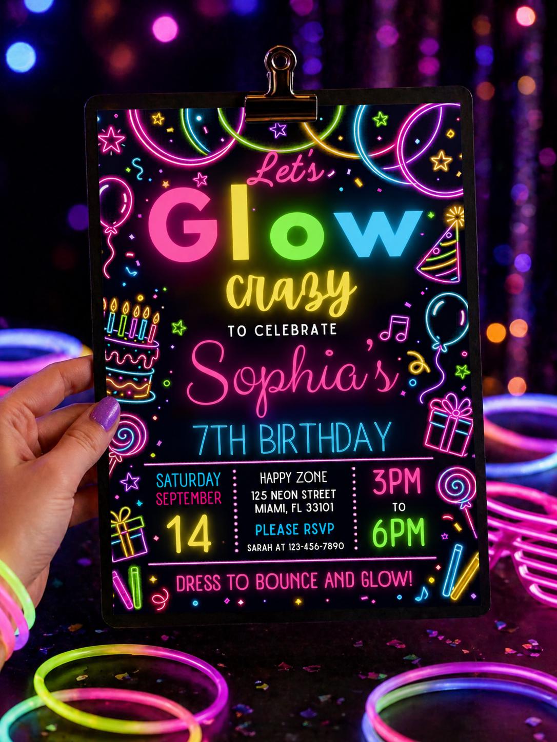 Let's Glow Crazy 7th Birthday Invitation — neon 7th birthday party design