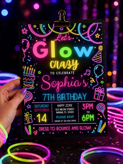 Let's Glow Crazy 7th Birthday Invitation — neon 7th birthday party design