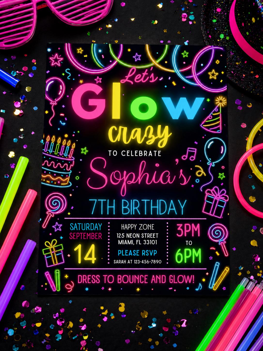 Let's Glow Crazy 7th Birthday Invitation — balloon and cake artwork in black and blue