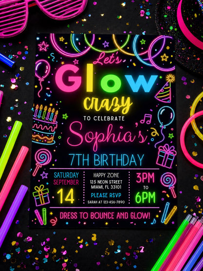 Let's Glow Crazy 7th Birthday Invitation — balloon and cake artwork in black and blue