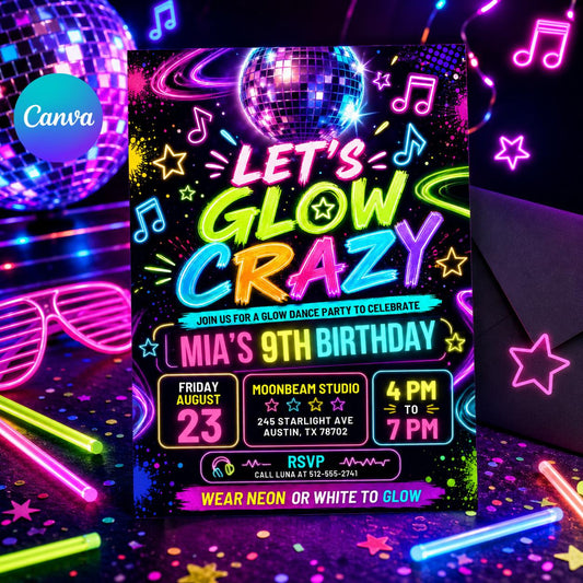 Let's Glow Crazy 9th Birthday Invitation with Disco Ball — editable Canva template