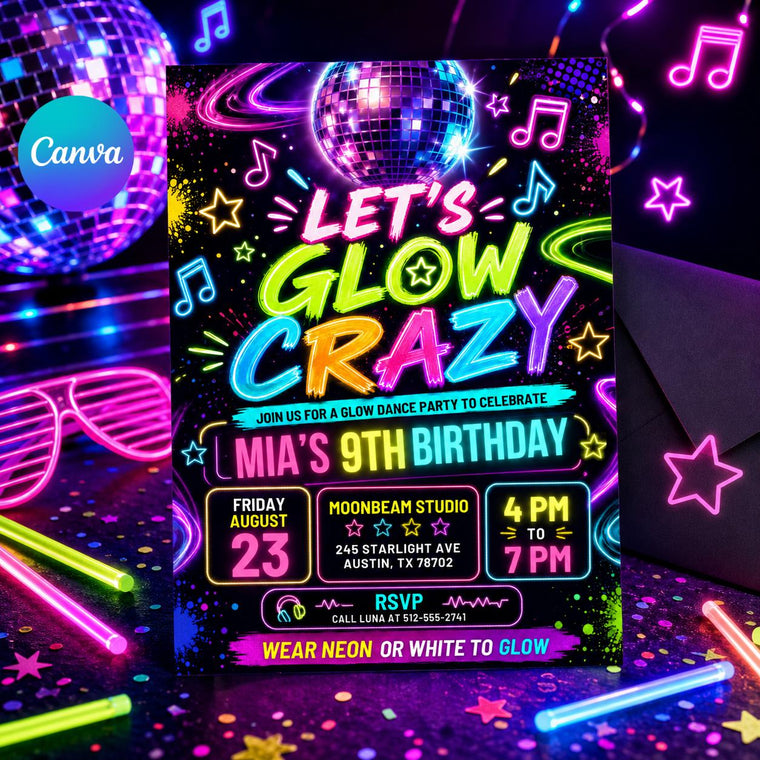 Let's Glow Crazy 9th Birthday Invitation with Disco Ball