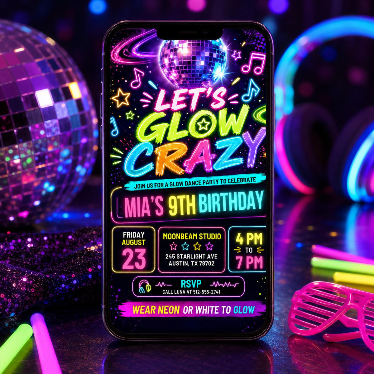 Let's Glow Crazy 9th Birthday Invitation with Disco Ball — invitation you personalize in Canva