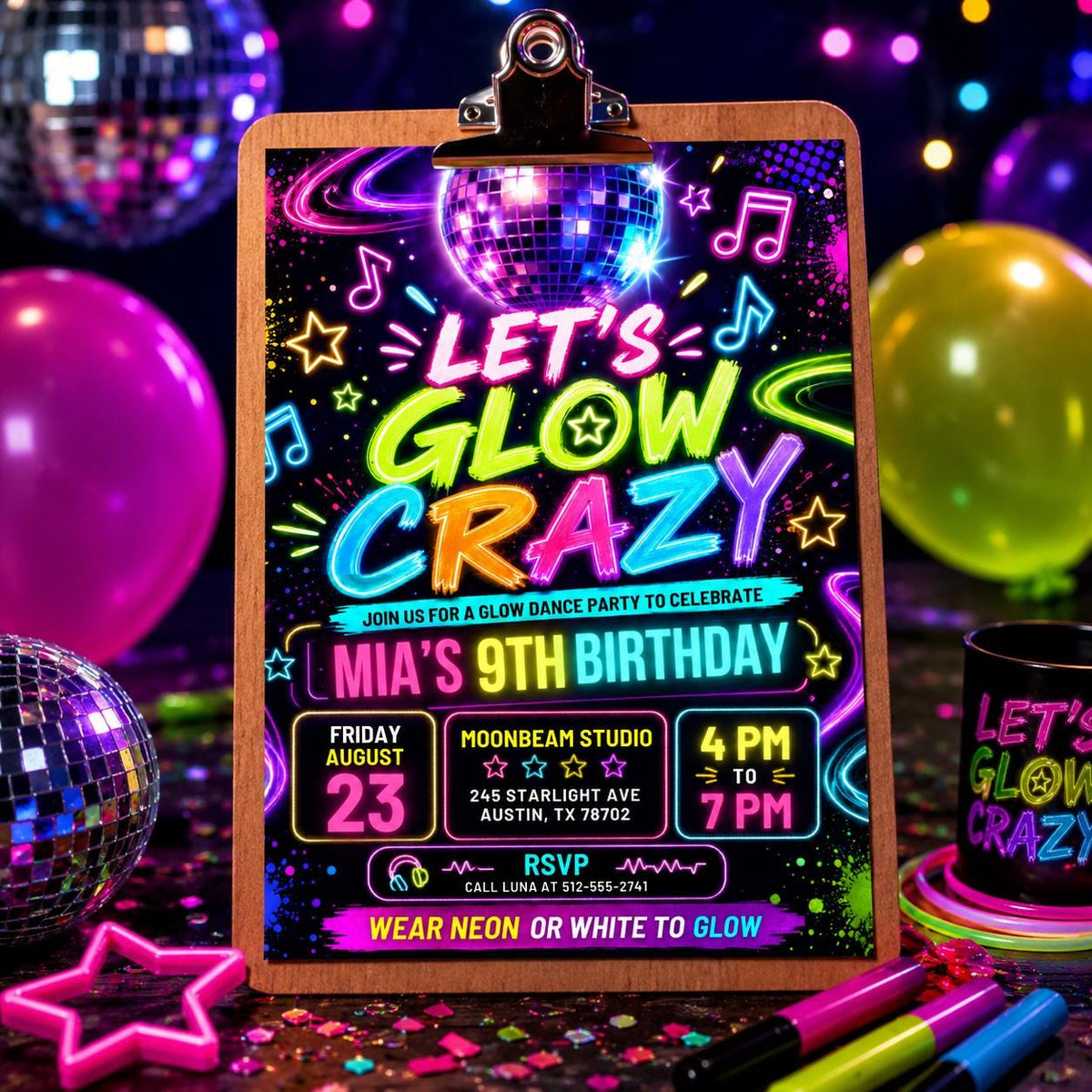 Let's Glow Crazy 9th Birthday Invitation with Disco Ball — print-ready 9th birthday party design from VoltBy