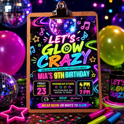 Let's Glow Crazy 9th Birthday Invitation with Disco Ball — print-ready 9th birthday party design from VoltBy