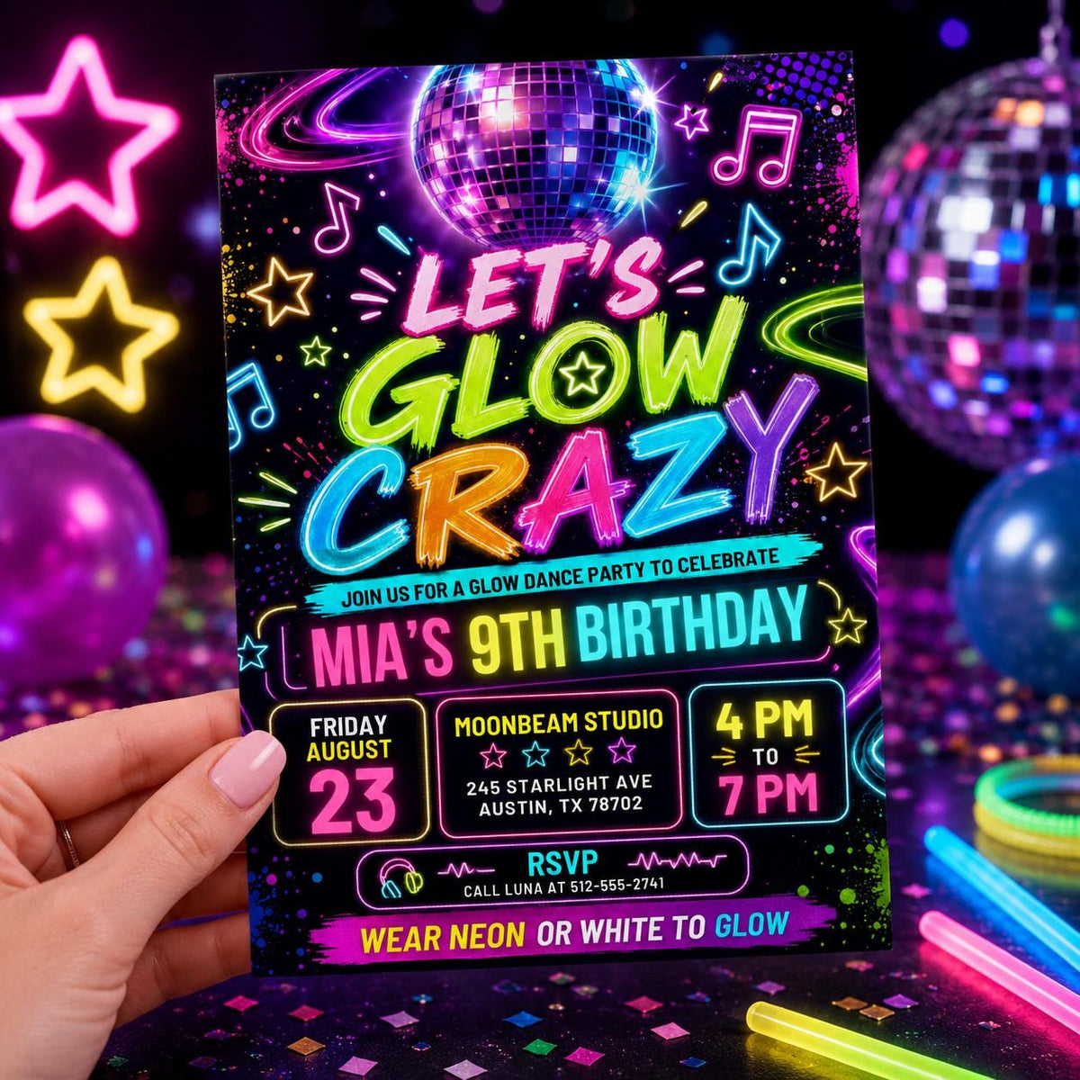 Let's Glow Crazy 9th Birthday Invitation with Disco Ball — digital invitation, instant download