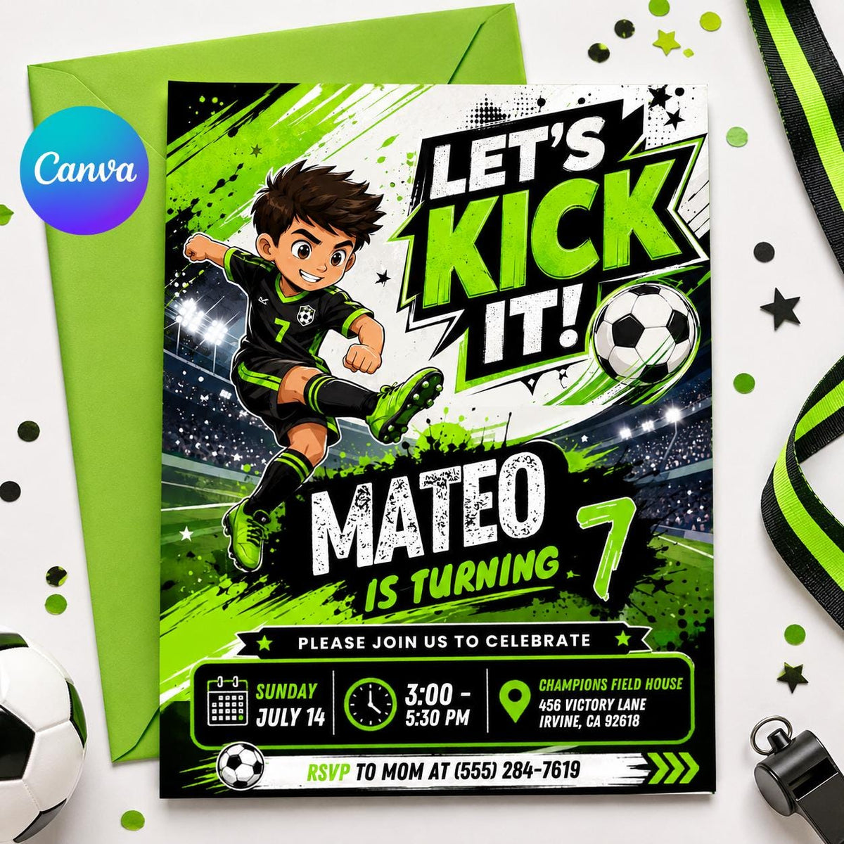 Let's Kick It Soccer 7th Birthday Invitation — editable Canva template