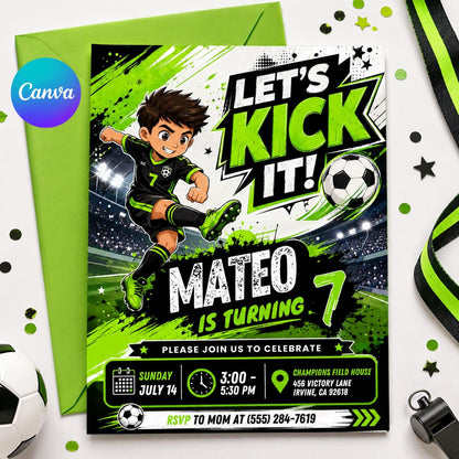 Let's Kick It Soccer 7th Birthday Invitation — editable Canva template