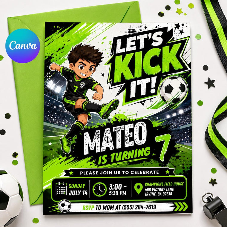 Let's Kick It Soccer 7th Birthday Invitation