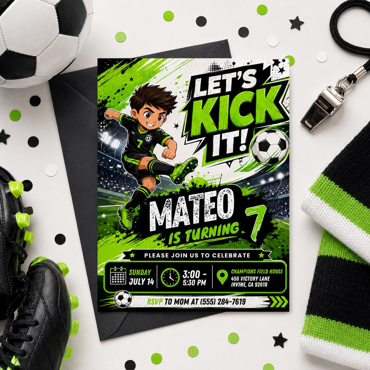 Let's Kick It Soccer 7th Birthday Invitation in black and green
