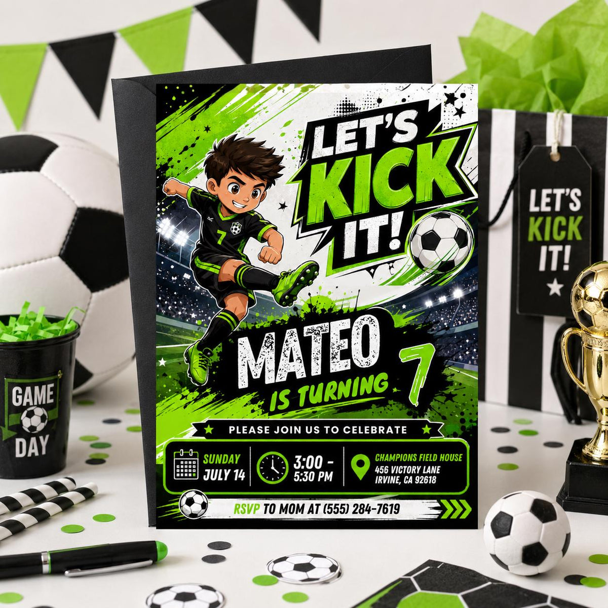Let's Kick It Soccer 7th Birthday Invitation — invitation you personalize in Canva