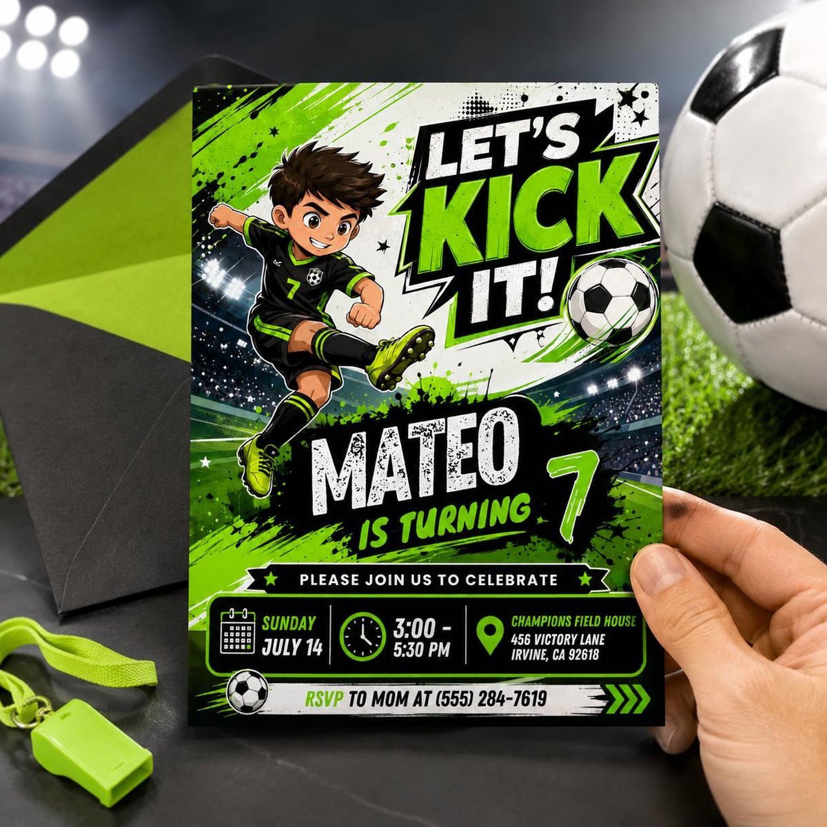 Let's Kick It Soccer 7th Birthday Invitation — print-ready 7th birthday party design from VoltBy