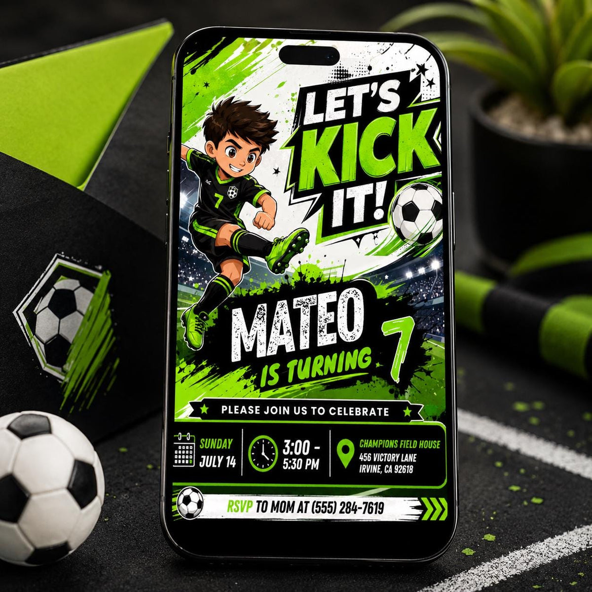 Let's Kick It Soccer 7th Birthday Invitation — digital invitation, instant download