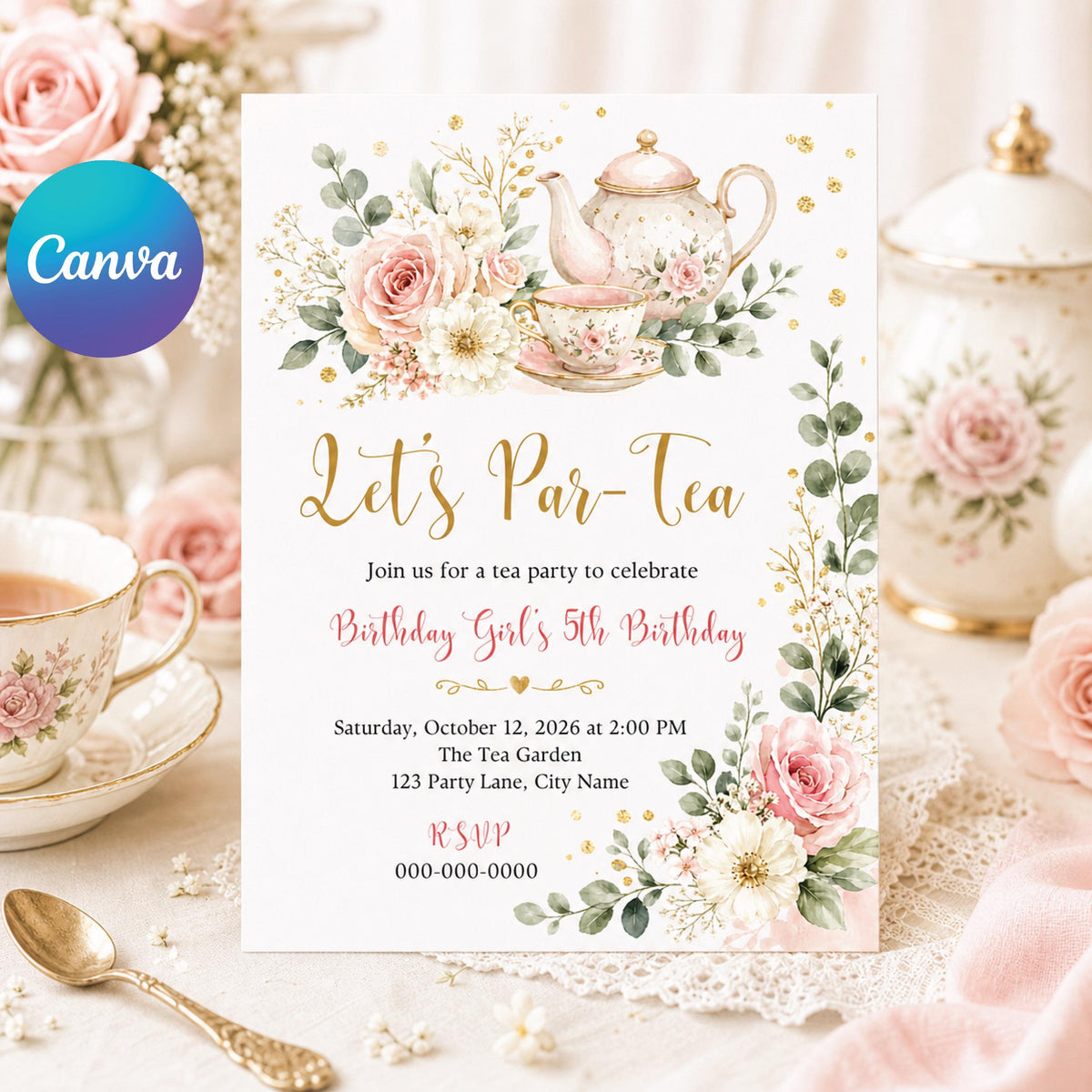 Let's Par-Tea Floral 5th Birthday Invitation — editable Canva template