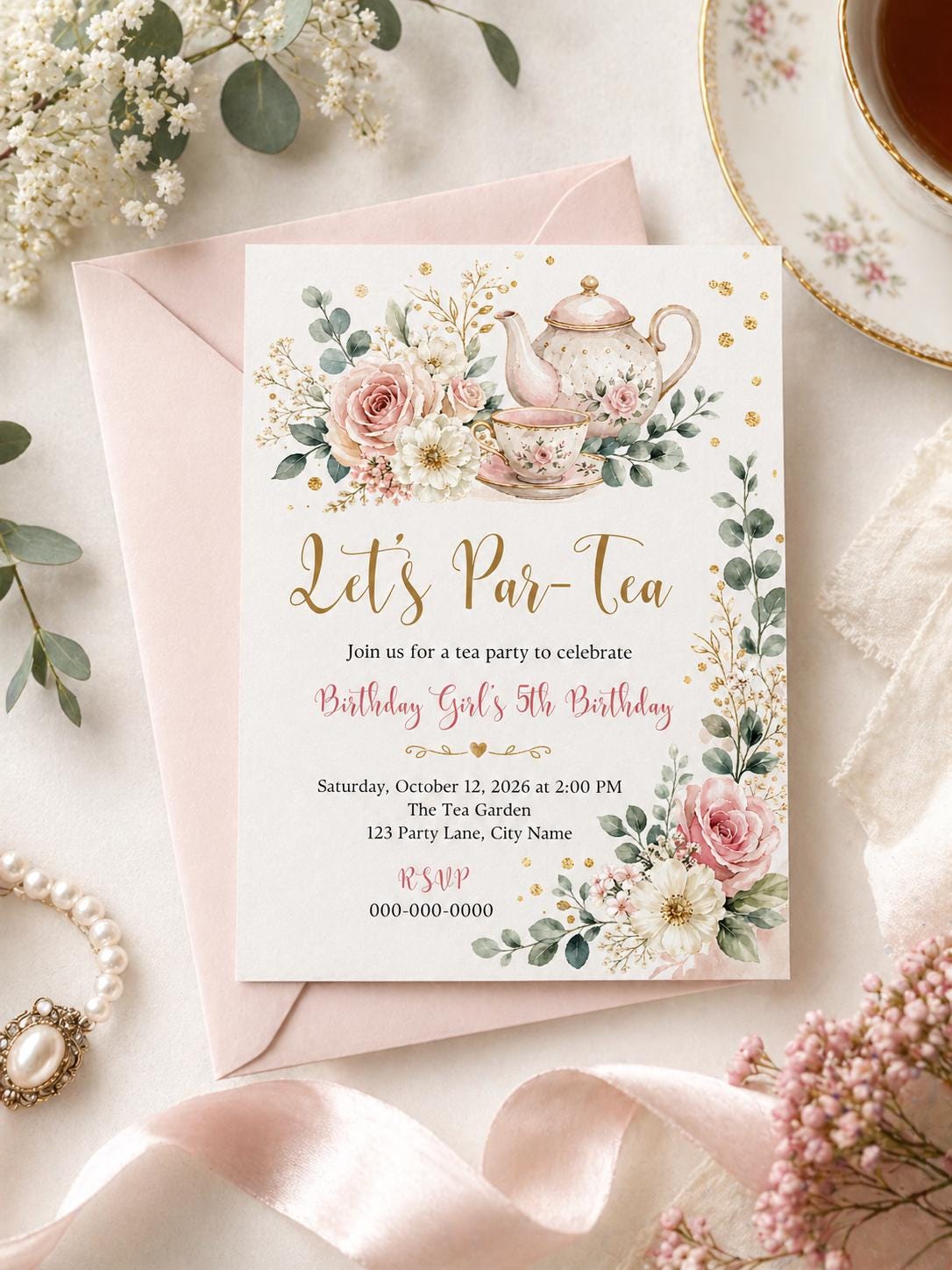 Let's Par-Tea Floral 5th Birthday Invitation in gold and pink