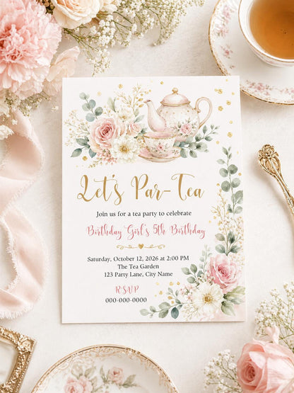 Let's Par-Tea Floral 5th Birthday Invitation — rose design