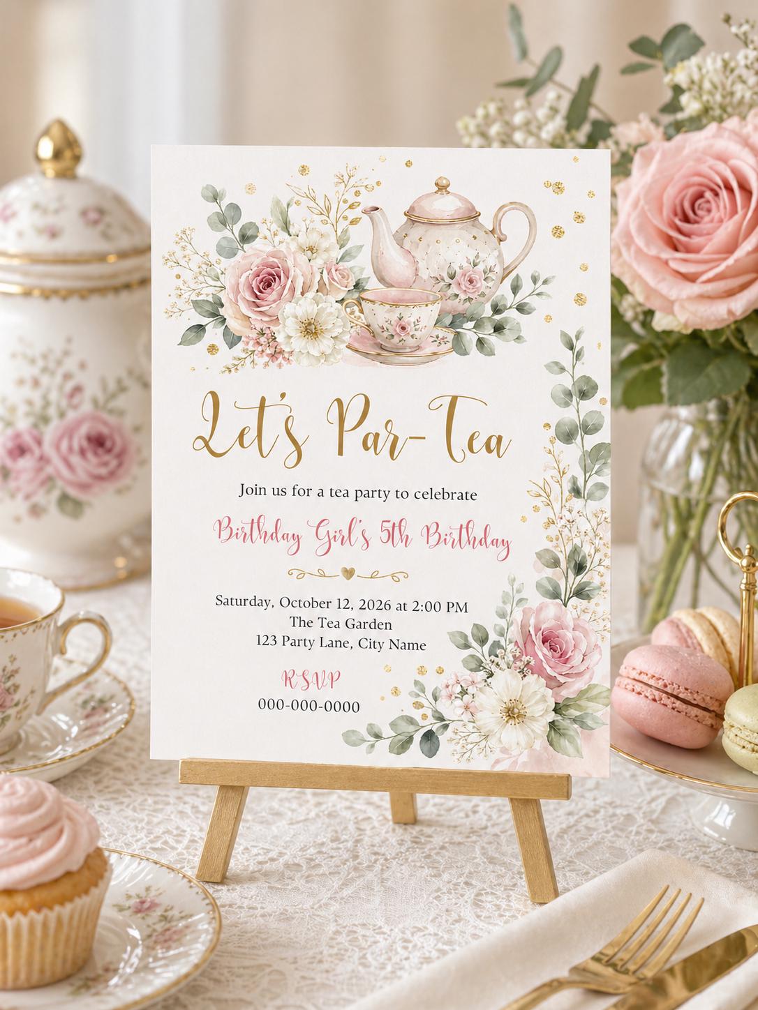 Let's Par-Tea Floral 5th Birthday Invitation — invitation you personalize in Canva