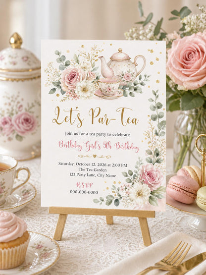 Let's Par-Tea Floral 5th Birthday Invitation — invitation you personalize in Canva