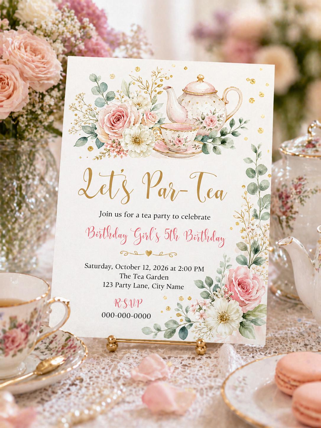 Let's Par-Tea Floral 5th Birthday Invitation — rose artwork in gold and pink