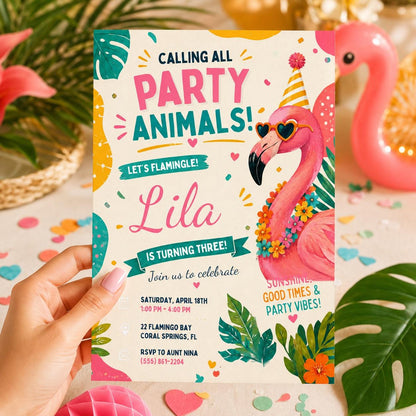 Let's Flamingle Party Animals 3rd Birthday Invitation — flamingo and leaf artwork in cream and green