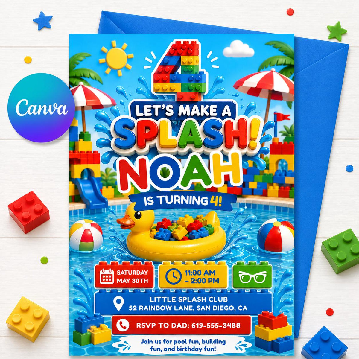 Let's Make a Splash Block 4th Birthday Pool Invitation