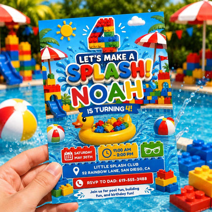 Let's Make a Splash Block 4th Birthday Pool Invitation — building blocks and pool design for a 4th birthday party