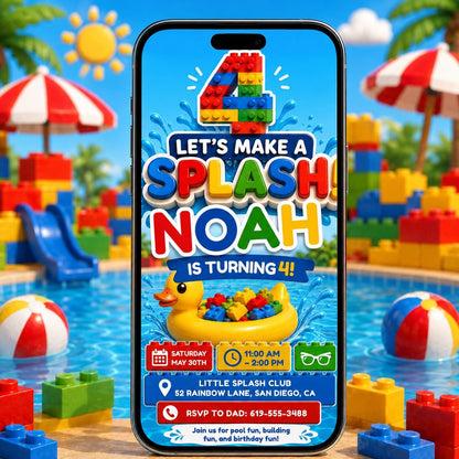 Let's Make a Splash Block 4th Birthday Pool Invitation in blue and yellow