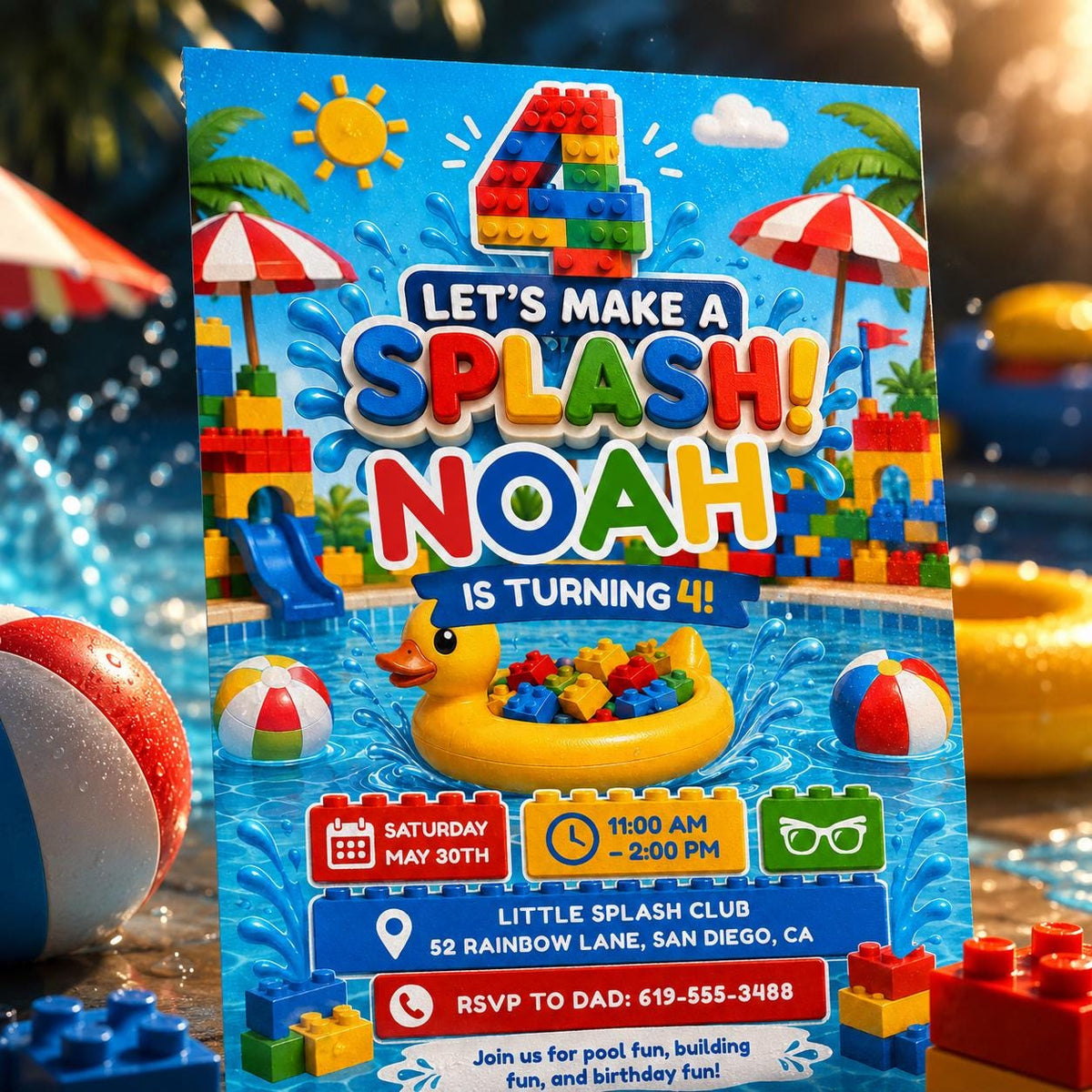Let's Make a Splash Block 4th Birthday Pool Invitation — editable Canva template for a 4th birthday party
