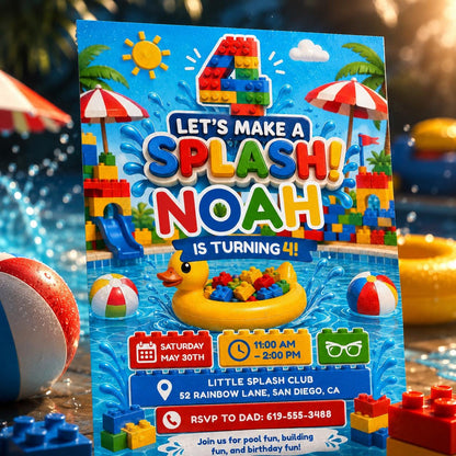 Let's Make a Splash Block 4th Birthday Pool Invitation — editable Canva template for a 4th birthday party