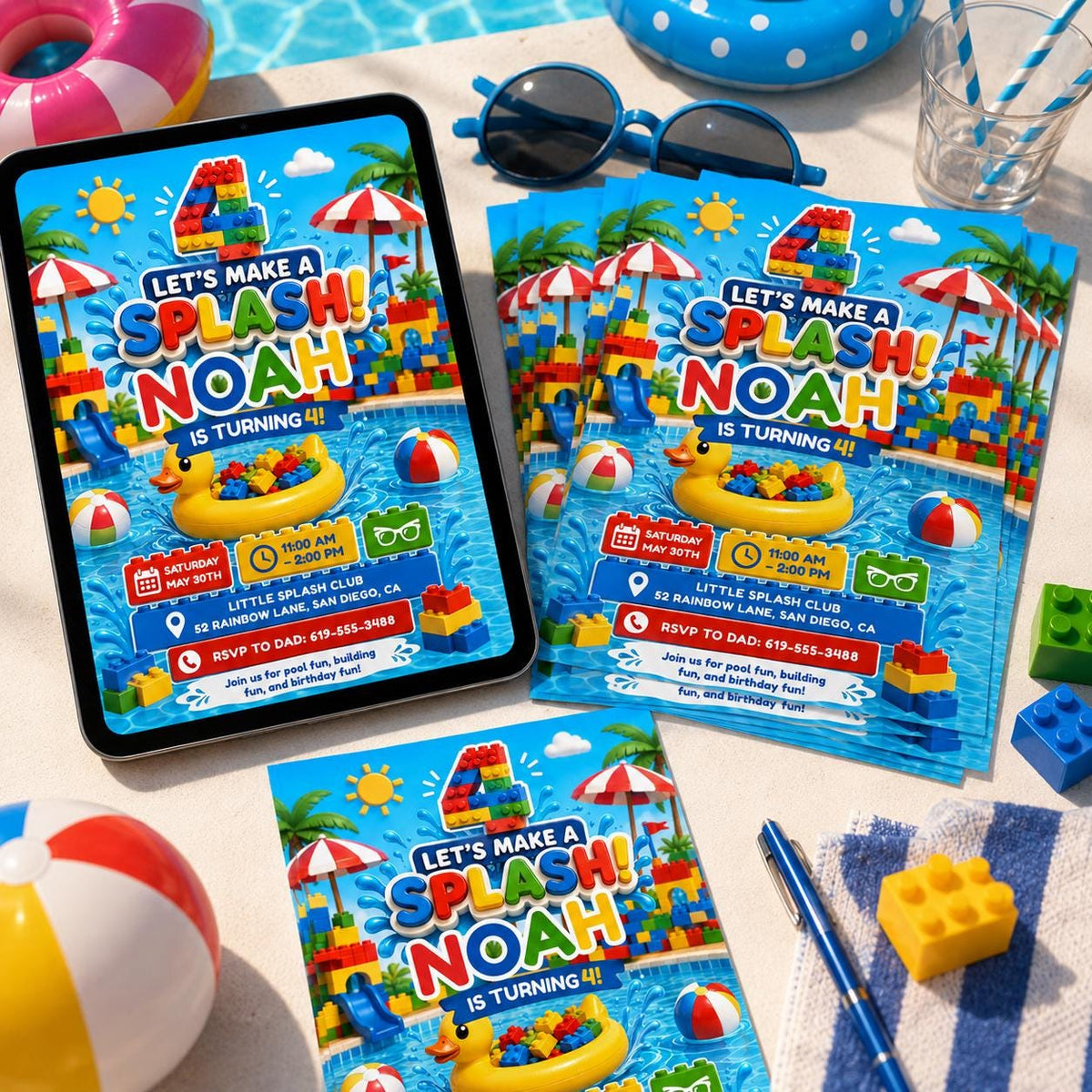Let's Make a Splash Block 4th Birthday Pool Invitation — printable invitation from VoltBy