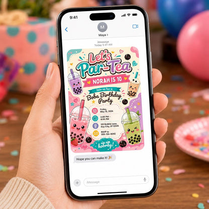 Let's Par-Boba Tea 10th Birthday Invitation in pink and teal