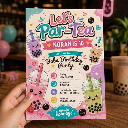 Let's Par-Boba Tea 10th Birthday Invitation — invitation you personalize in Canva