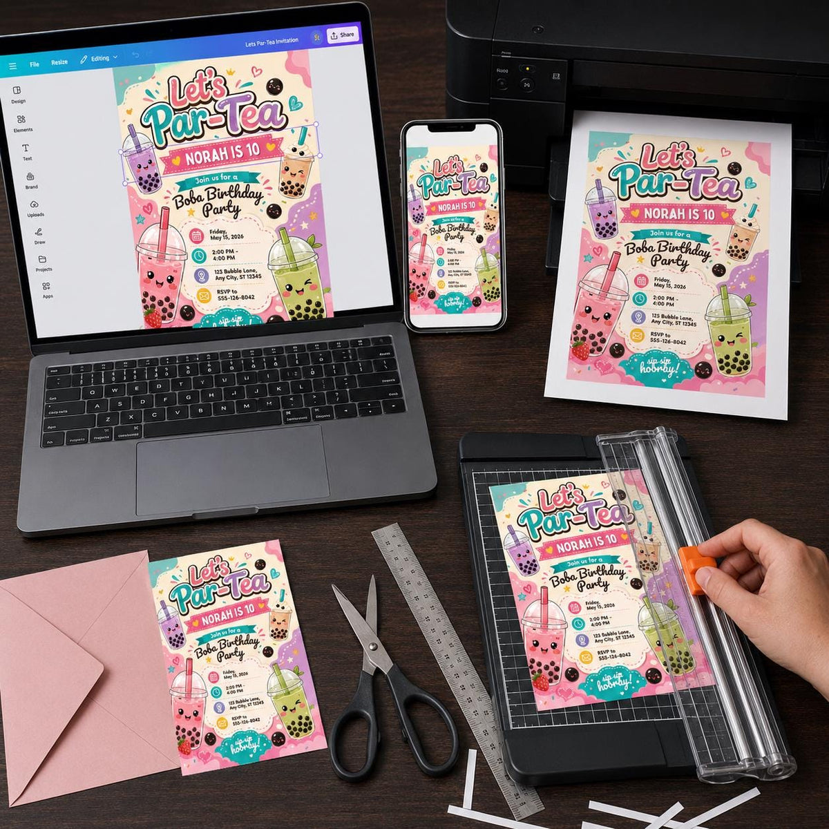 Let's Par-Boba Tea 10th Birthday Invitation — print-ready 10th birthday party design from VoltBy