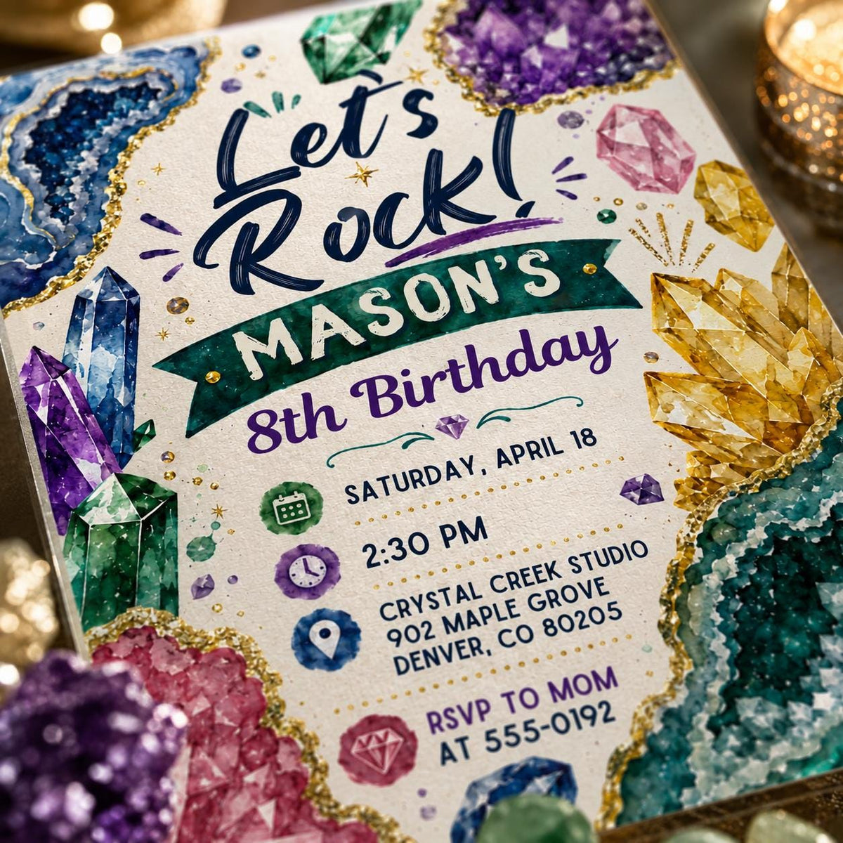 Lets Rock 8th Birthday Invitation for Boys — 8th birthday party stationery by VoltBy