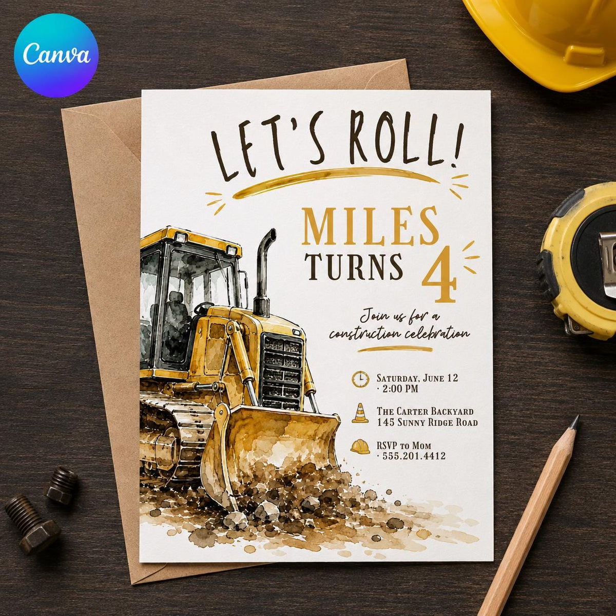 Let's Roll Watercolor Bulldozer 4th Birthday Invitation — editable Canva template