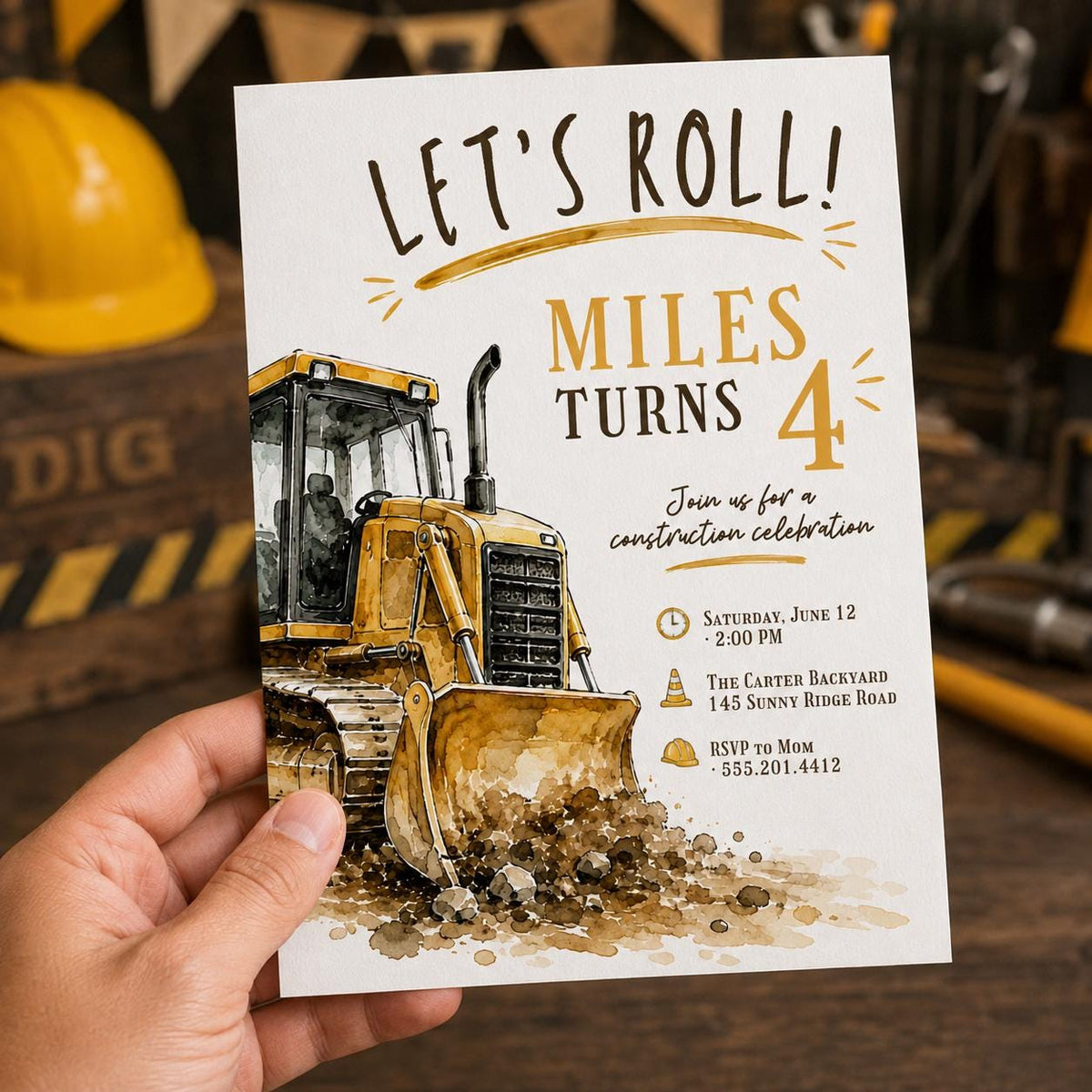Let's Roll Watercolor Bulldozer 4th Birthday Invitation — construction and earth design