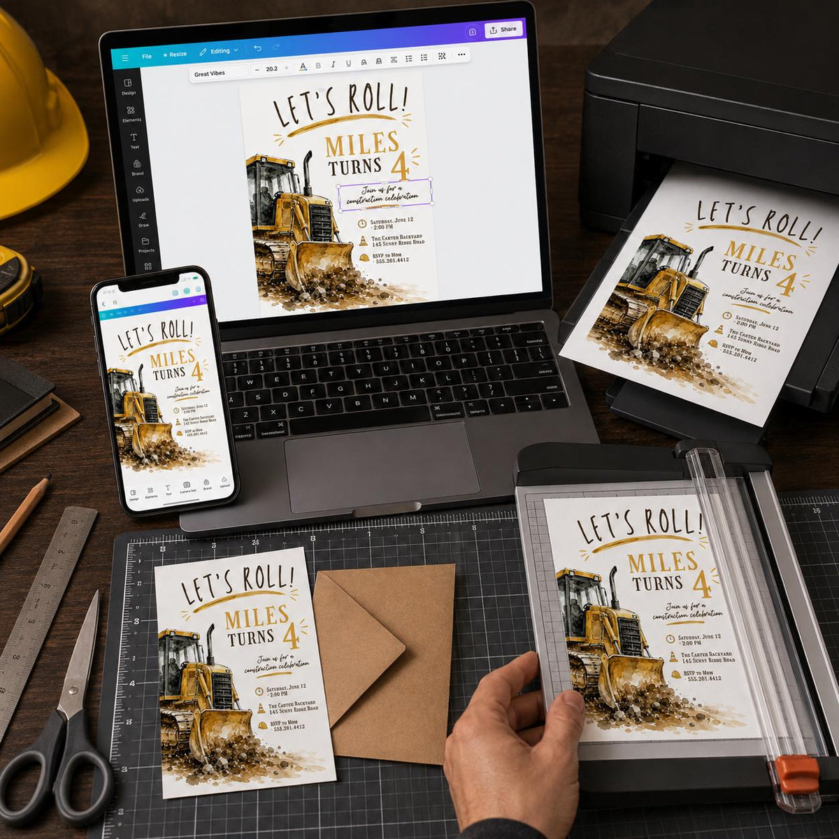 Let's Roll Watercolor Bulldozer 4th Birthday Invitation — invitation you personalize in Canva