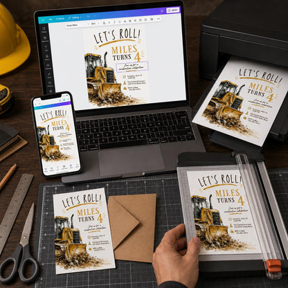 Let's Roll Watercolor Bulldozer 4th Birthday Invitation — invitation you personalize in Canva