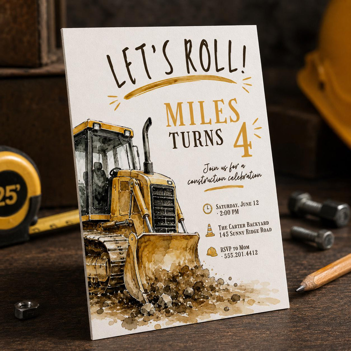 Let's Roll Watercolor Bulldozer 4th Birthday Invitation — construction and earth artwork in brown and cream