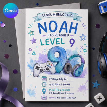 Level 9 Unlocked 9th Birthday Invitation for Boys — editable Canva template