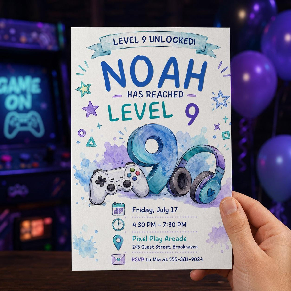 Level 9 Unlocked 9th Birthday Invitation for Boys — invitation you personalize in Canva