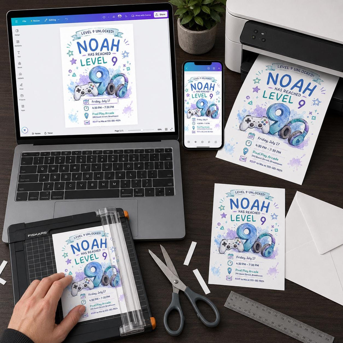 Level 9 Unlocked 9th Birthday Invitation for Boys — print-ready 9th birthday party design from VoltBy